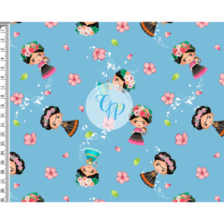 Tecido tricoline, microfibra ou gabardine - Frida kahlo - flores - azul - 0.50CM