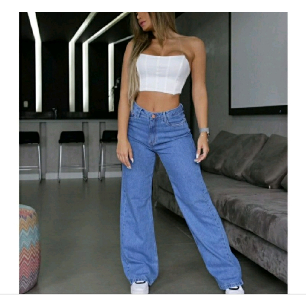 Calça Jeans Wide Leg Pantalona wid Jeans Cintura Alta widleg lisa