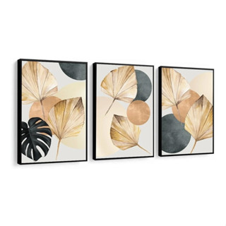 Quadros Decorativo Mosaico 90X50 3 peças Mdf Alta Resolução Full HD Abstrato Folhas Dourado Nude Moderno