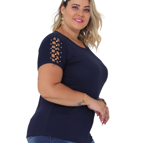 Blusinha Feminina Plus Size Viscolycra  Manga com Perolas