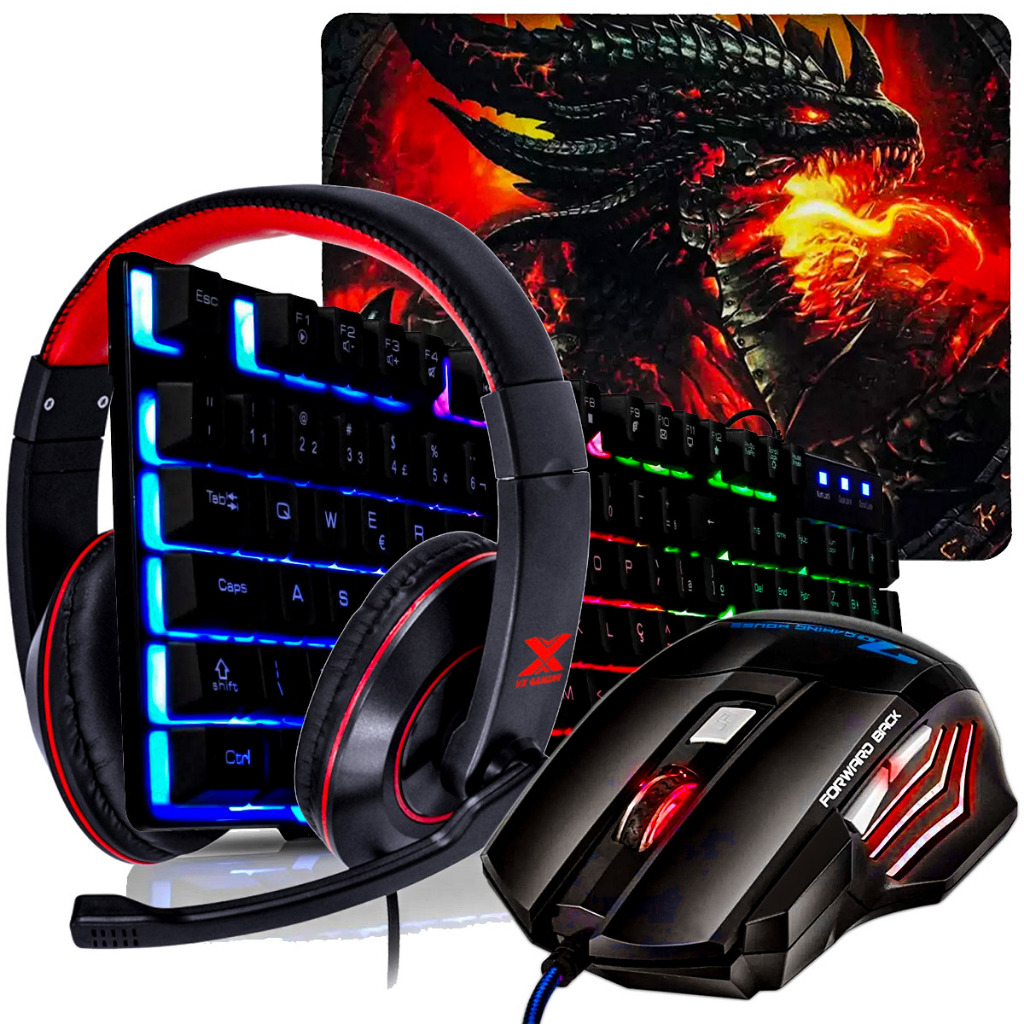 Kit Teclado Semi Mecanico Mouse Gamer 3200 Dpi + Headset + Pad