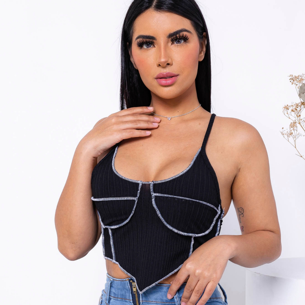 Cropped De Alcinha Canelado Blusa Top 2026 Trend Decote Suave