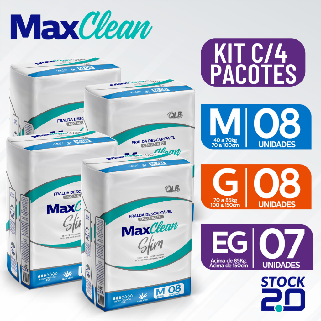 Kit Com 4 Pacotes de Fraldas Geriatricas Descartaveis Maxclean Slim -unissex Incontinência LEVE