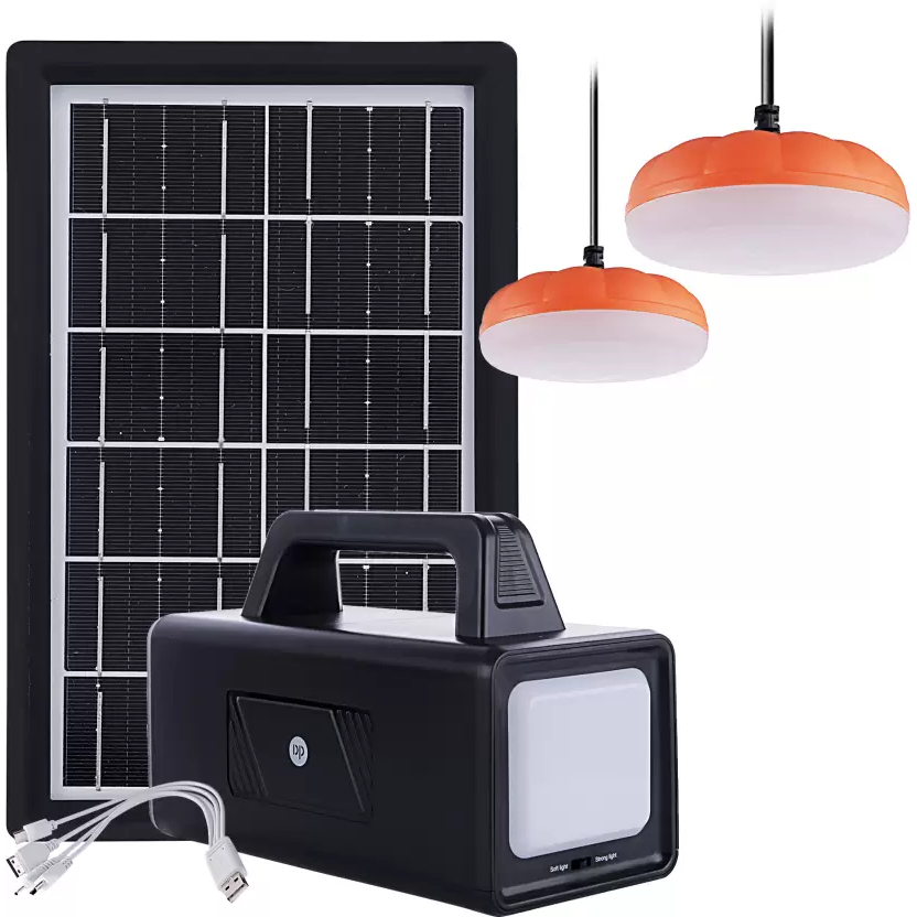 Kit Bateria Portátil Painel Solar 9000mAh 2 Lâmpadas Led 2usb Lanterna Holofote 100W