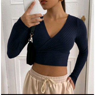 Kit 3 Blusas Feminina Cropped Transpassado Manga Longa Canelado