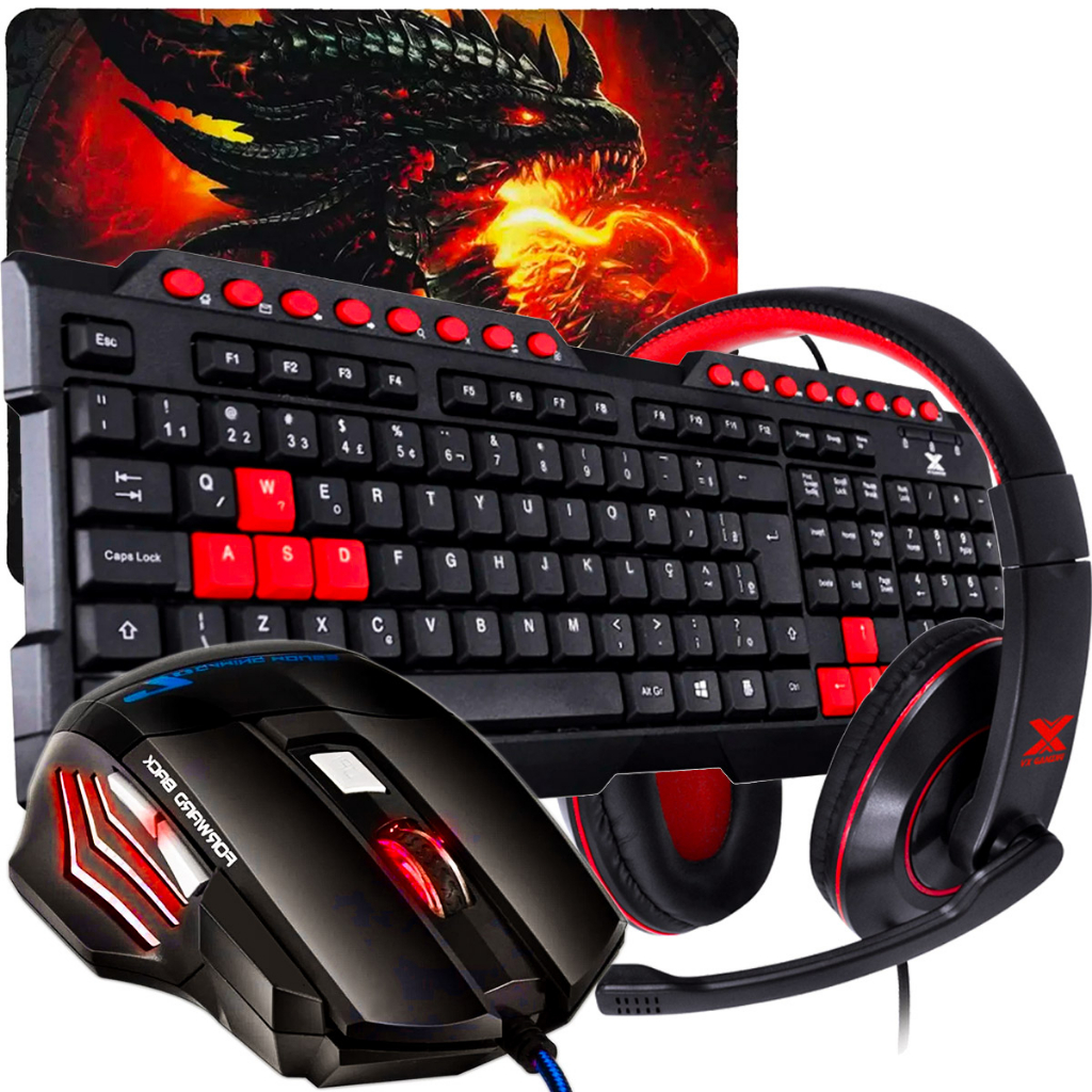 Kit Gamer Completo Teclado ABNT2 + Mouse RGB + Headset + Mouse Pad