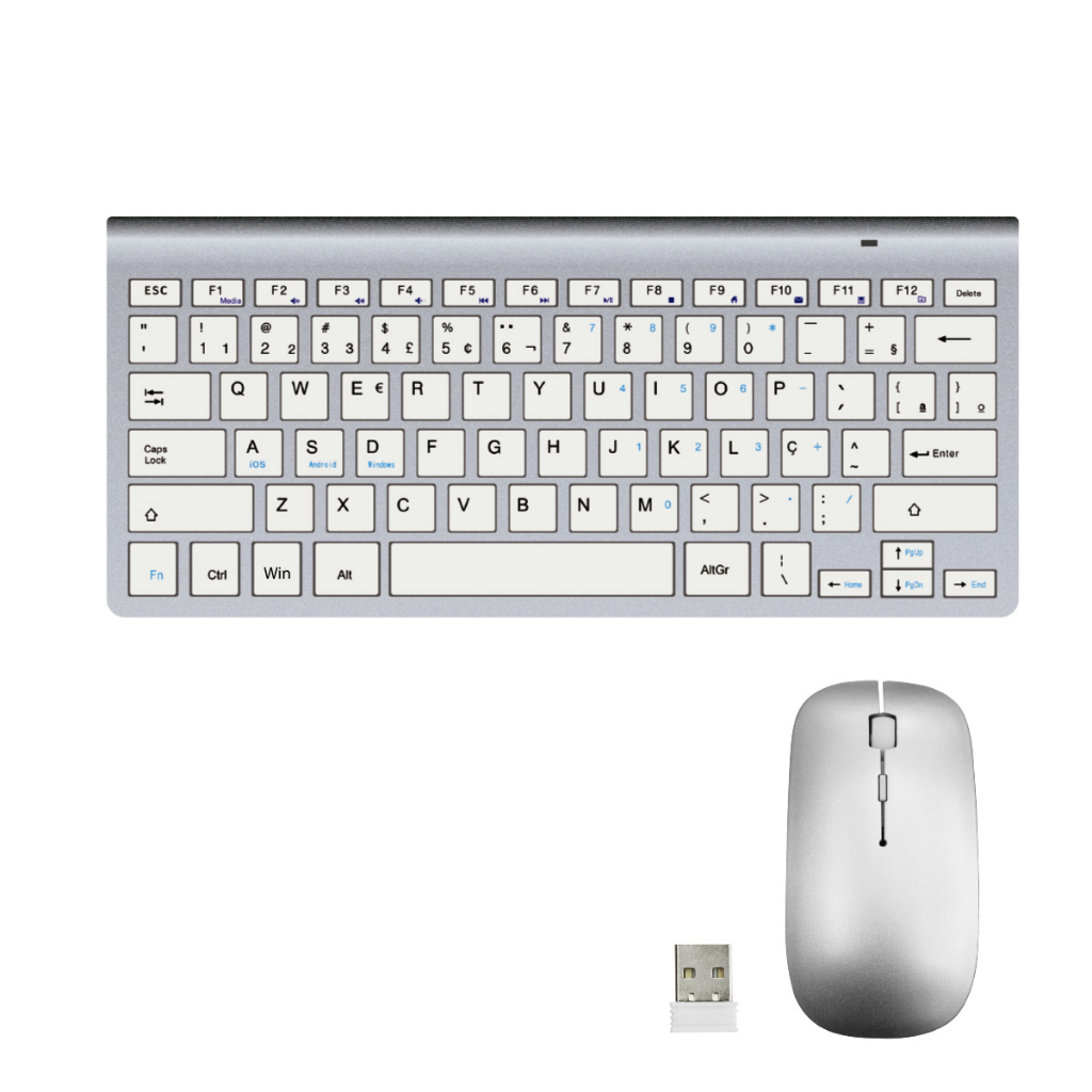 Kit Teclado e Mouse Sem Fio Adaptador Usb 2.4ghz Wireless Pc Prata Branco HK8850