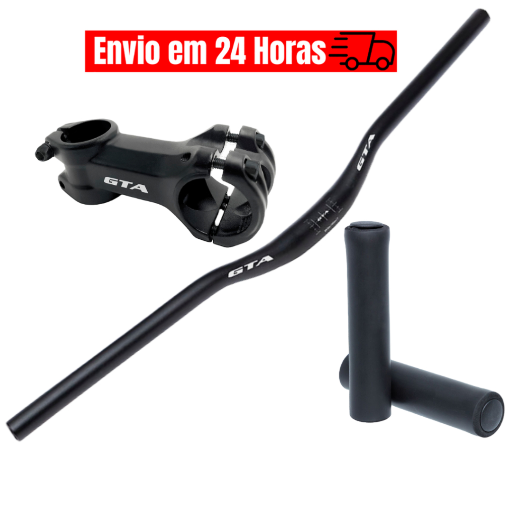 Guidon Bicicleta Mtb GTA Alumínio 720mm + Suporte Guidao Avanço 80mm 31.8mm + Manopla Silicone Preta