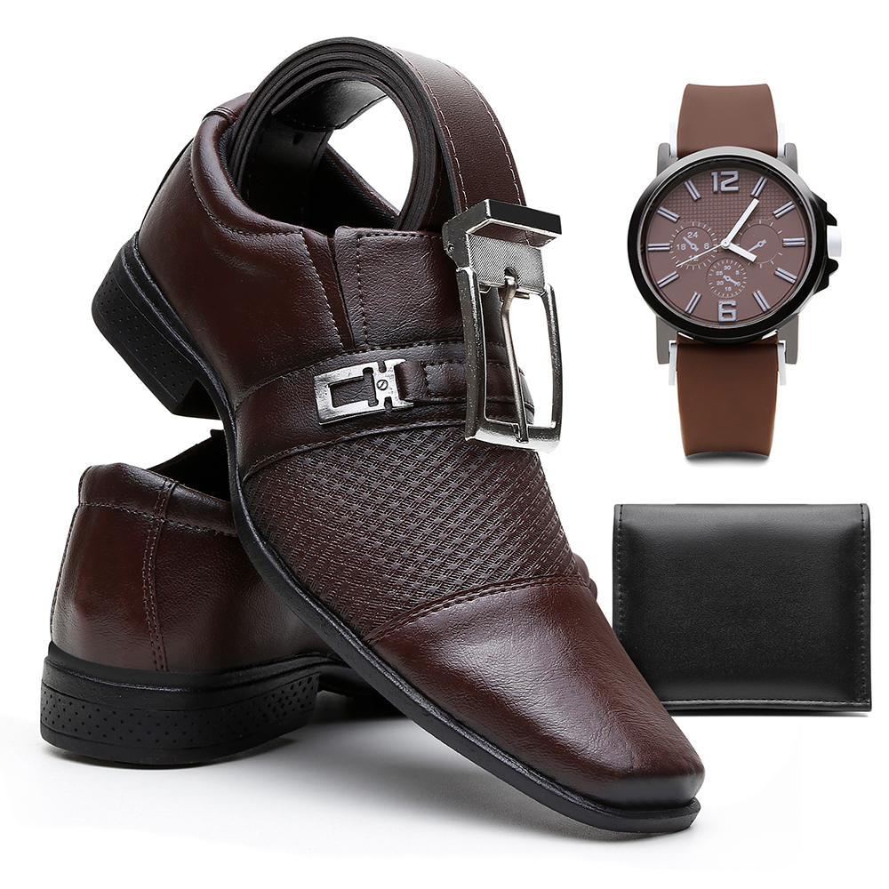 Sapato Social Masculino Cor Café + Cinto + Carteira + Relógio em Oferta na Shopee