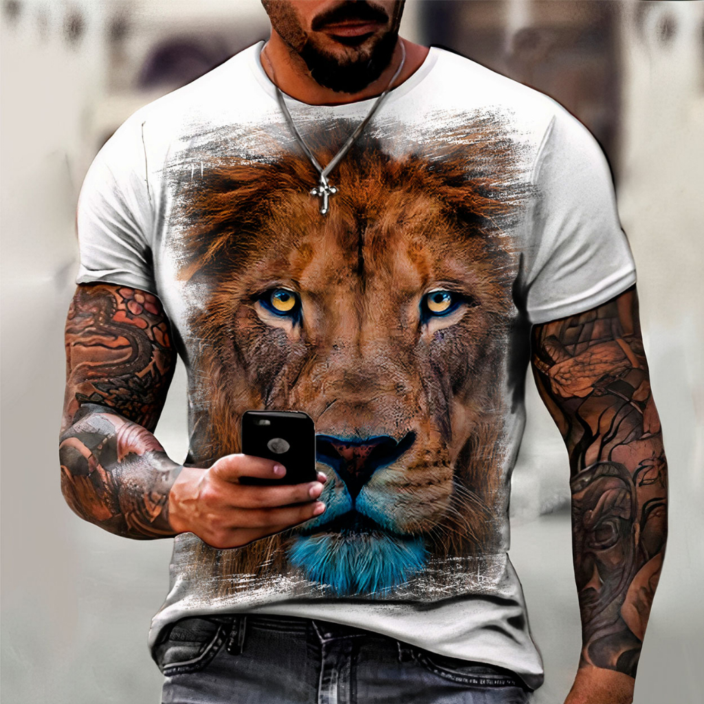 Camiseta Masculina Estampada Leão Manga Curta Gola Redonda