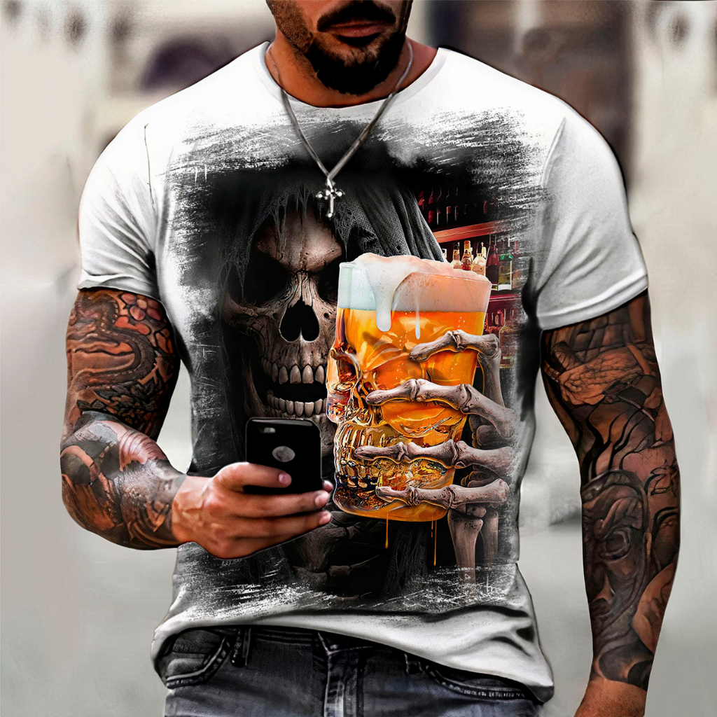 Camiseta Masculina Estampada Caveiras Dark Manga Curta Gola Redonda