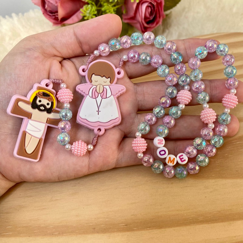 TERÇO INFANTIL MENINA ANJO PERSONALIZADO COM NOME - LEMBRANCINHA BATIZADO, PRIMEIRA COMUNHÃO bi