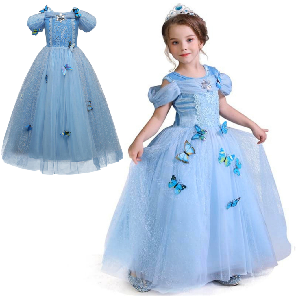 Vestido Fantasia Princesa Cinderela Azul Cristal Festa Clássico Luxo