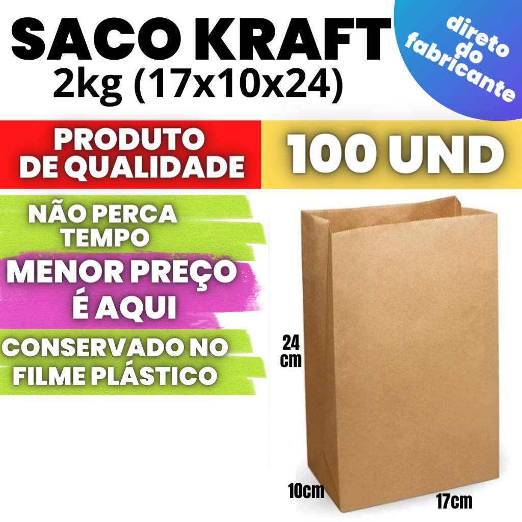 Saco Kraft Embalagem de Papel Craft para Entregas e Delivery 2KG C/ 100 Unidades em Oferta na Shopee