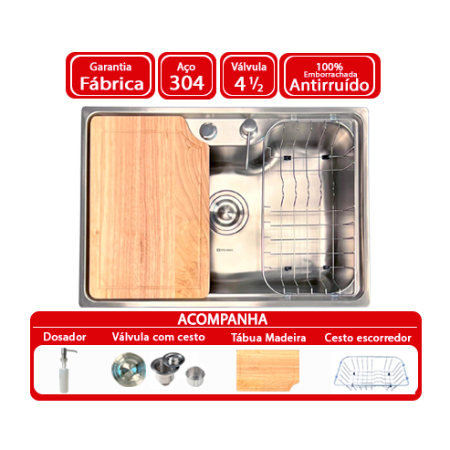 Cuba inox para cozinha gourmet 62x43x10 (AÇO 304) com kit - BR CUBAS