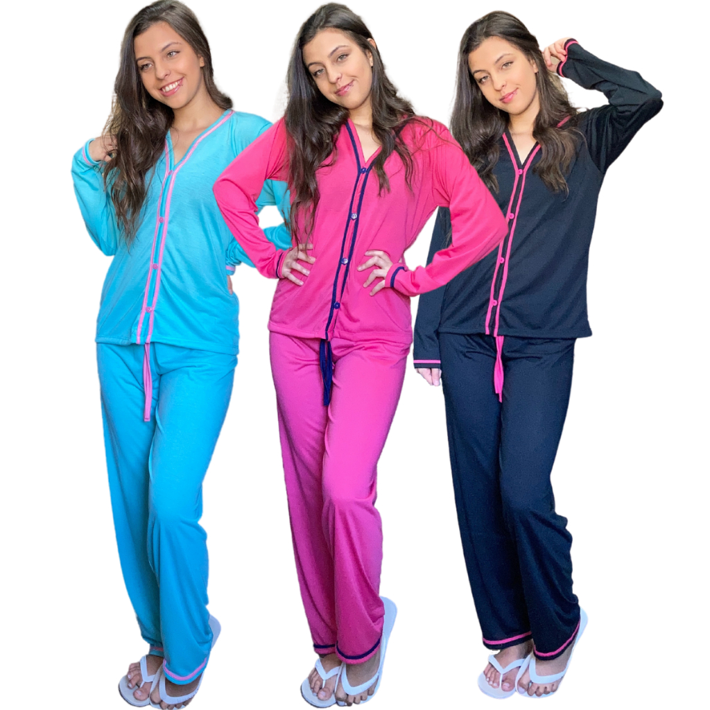 Pijama Feminino Americano Manga Longa / Pijama Blogueirinha / Pijama de Botão em Oferta na Shopee