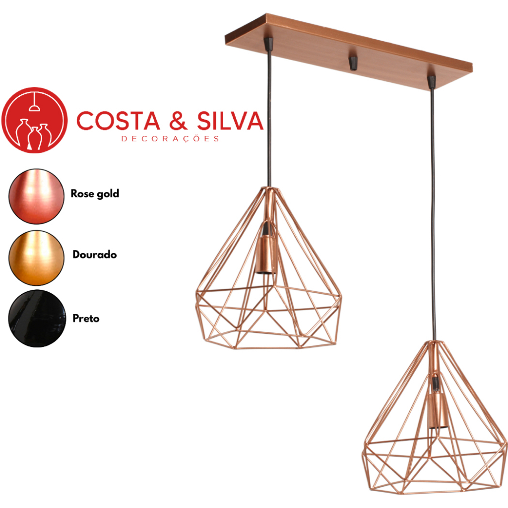 2 Pendente Diamante Aramado 3d Grande Duplo Luminária Canopla Lustre De Teto Estilo Industrial