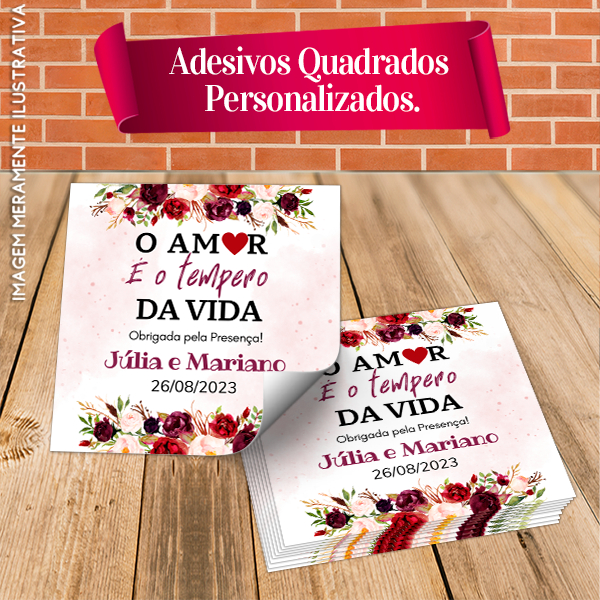 Rótulos Adesivos Quadrados Personalizados "O amor é o tempero da vida" Marsala