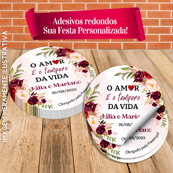 Rótulos Adesivos Redondos  Personalizados "O amor é o tempero da vida" Marsala