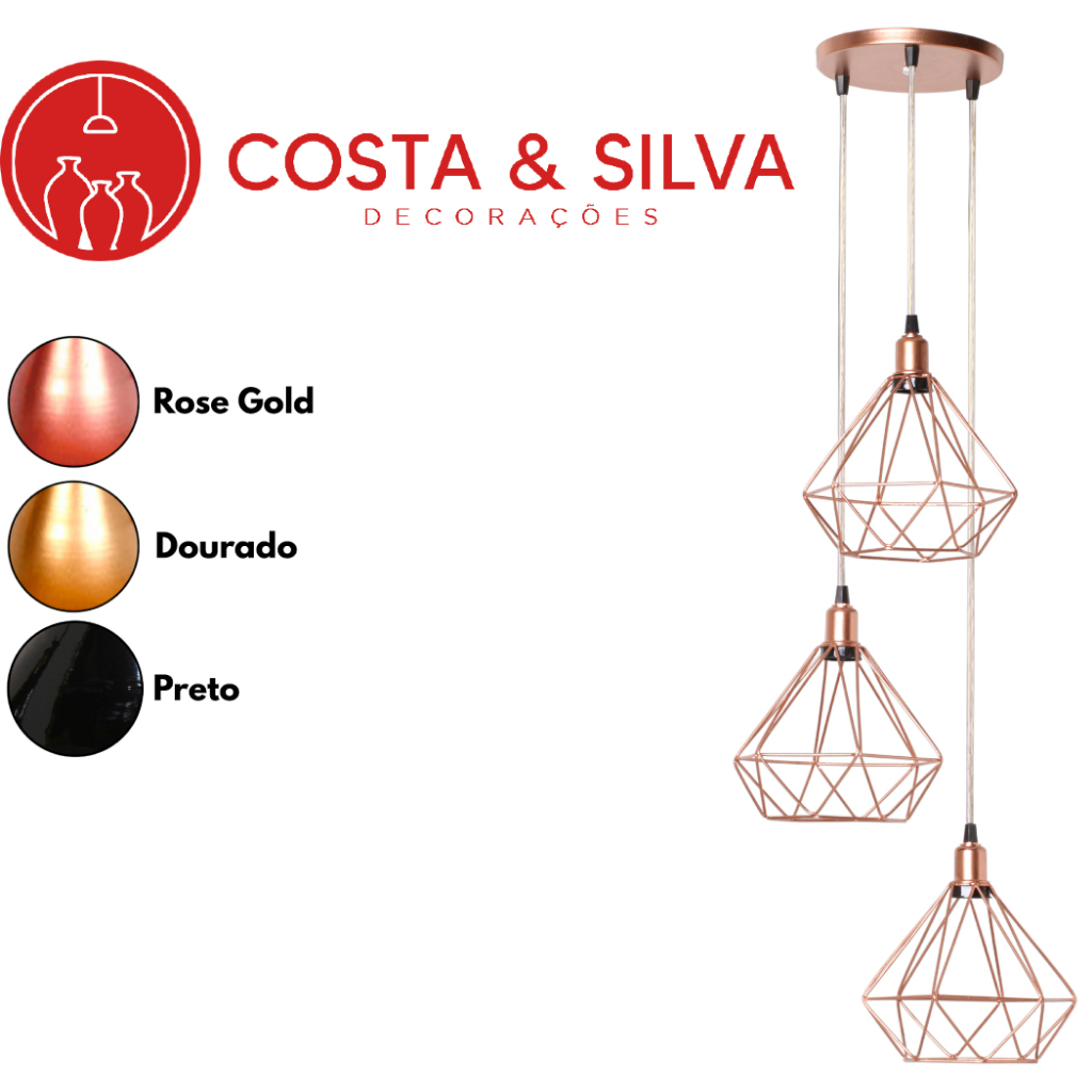 3 Pendente Diamante Aramado Triplo Luminária Canopla Única Lustre de Teto Cabo Cristal