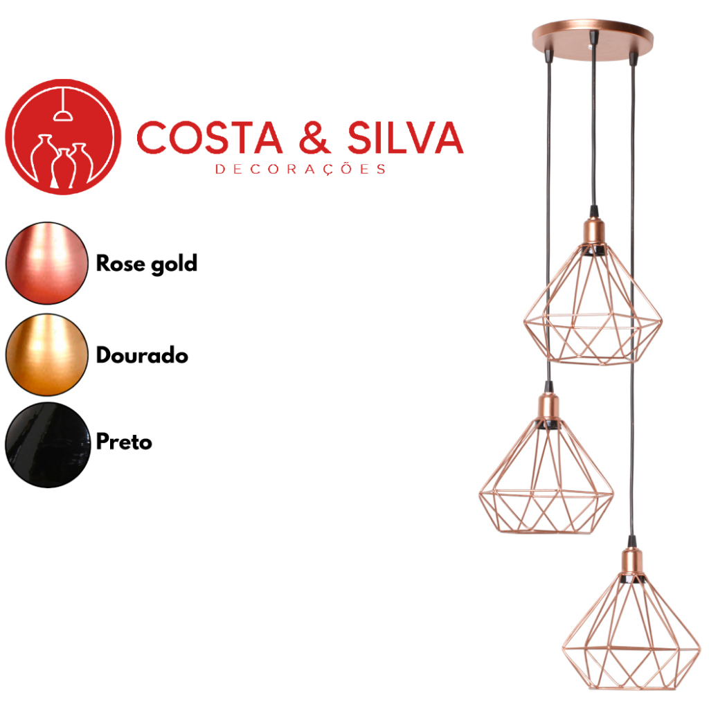 3 Pendente Diamante Aramado Triplo Luminária Canopla Única Lustre de Teto Estilo Industrial