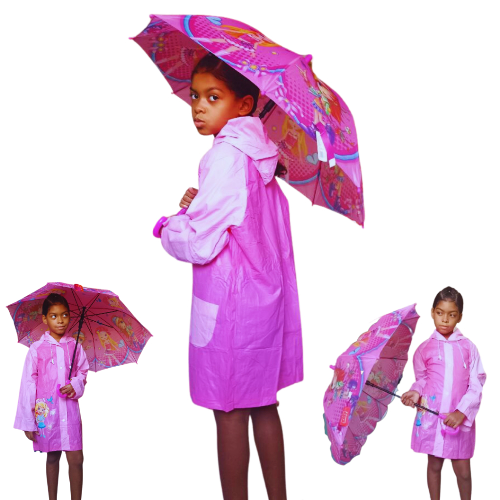 Novo Kit Conjunto Capa Chuva E Sombrinha Guarda Chuva Infantil