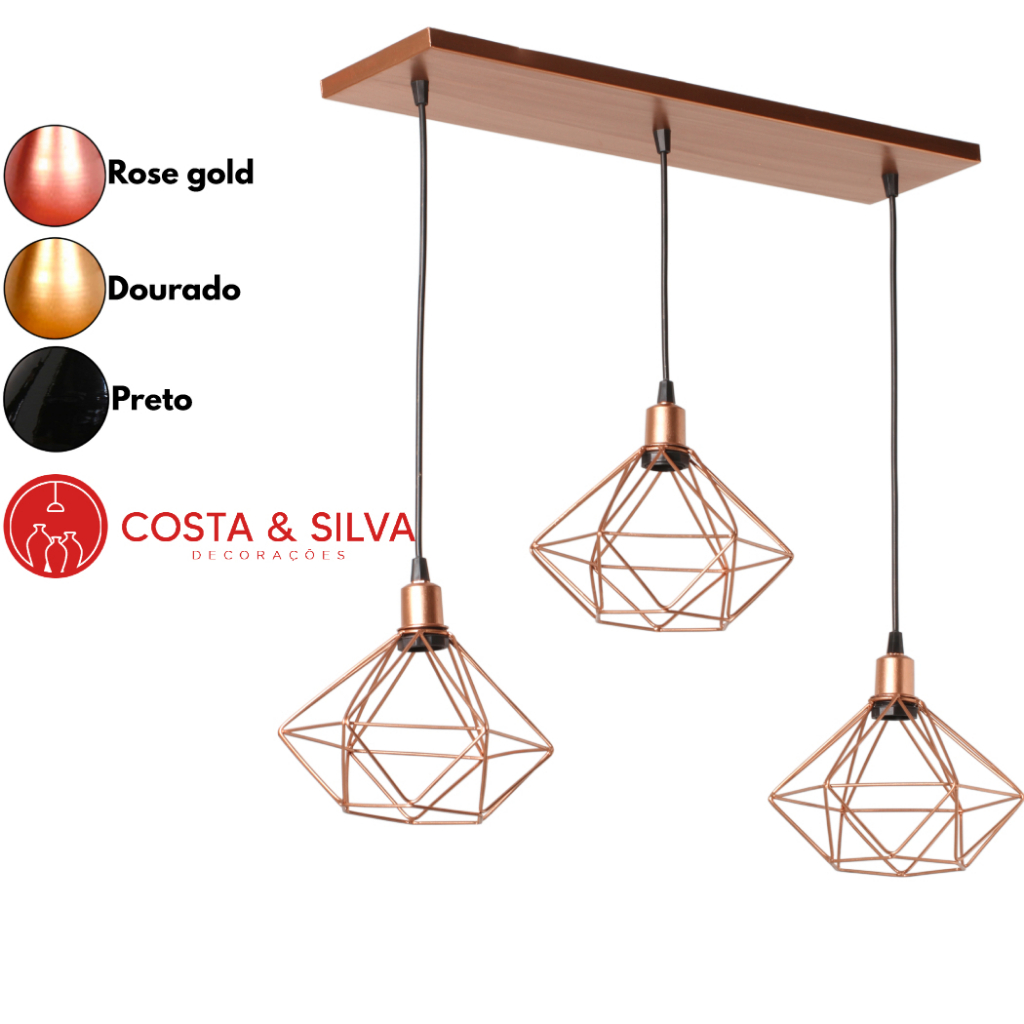 3 Pendente Diamante Aramado Triplo Luminária Canopla Única Lustre de Teto