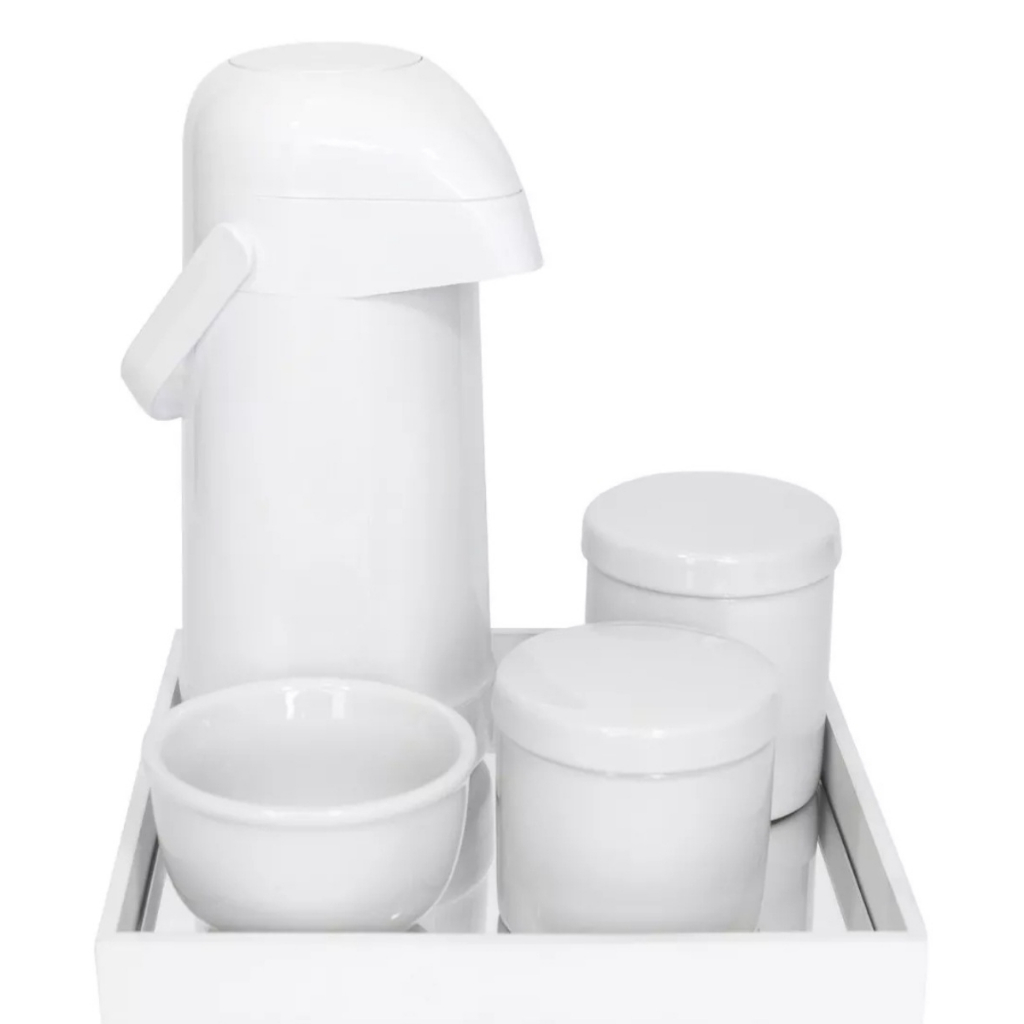 Kit Higiene Bebê Porcelana Potes Molhadeira Garrafa Térmica Pump e Bandeja Espelhada Branca