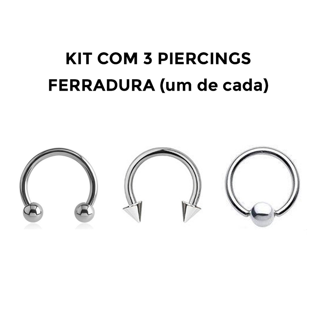 Kit 3 Piercings Ferradura Spike Captive 6, 8, 10, 12mm Aço Cirúrgico Lindo Promoção