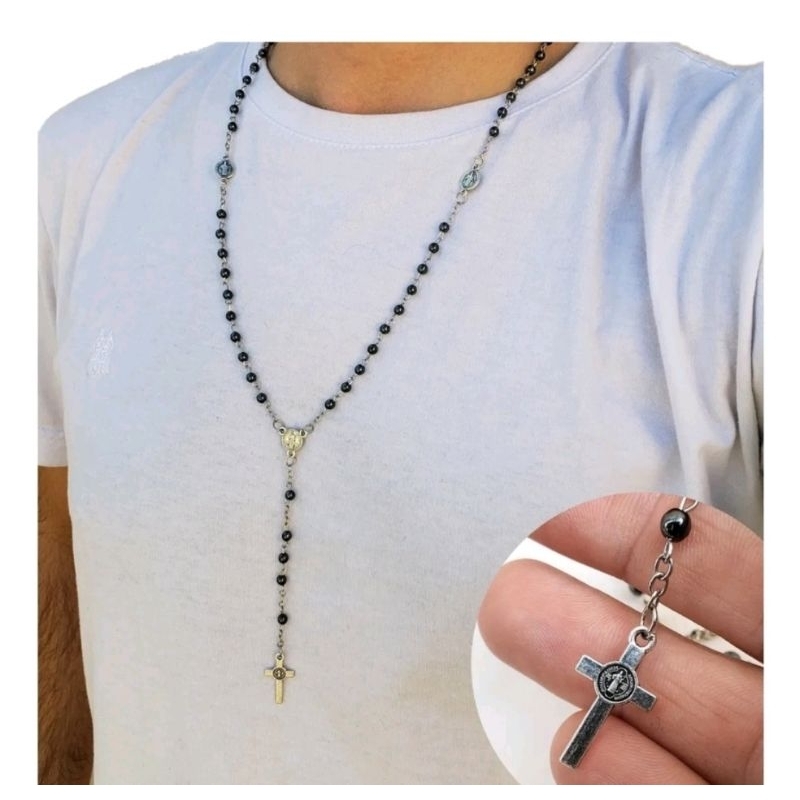 Colar Terço Hematita São Bento Cruz Sagrada Crucifixo