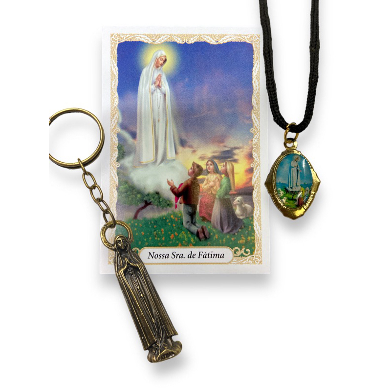 Nossa Senhora de Fatima kit oração chaveiro e cordão