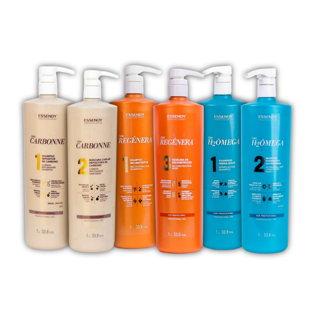 Kit Cronograma Capilar 1L Essendy Profissional Shampoo e Máscara Completo - Shampoo e Máscara de Reconstrução Regénera; Shampoo e Máscara Repositor de Carbono Carbonne; Shampoo e Máscara Hidratante H2Ômega