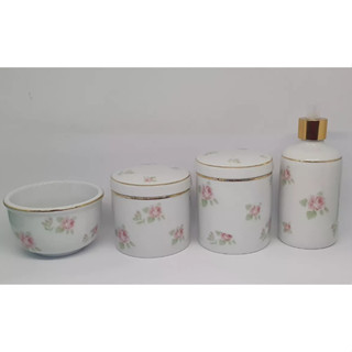 Kit Higiene Bebê Porcelana Floral Rosa Com Friso Dourado