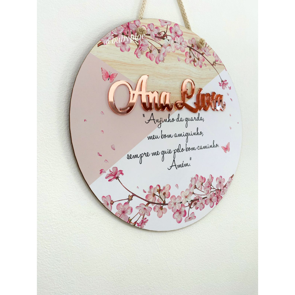 Porta Maternidade MDF com Nome em Acrílico Espelhado - FLOR DE CEREJEIRA| M145 em Oferta na Shopee