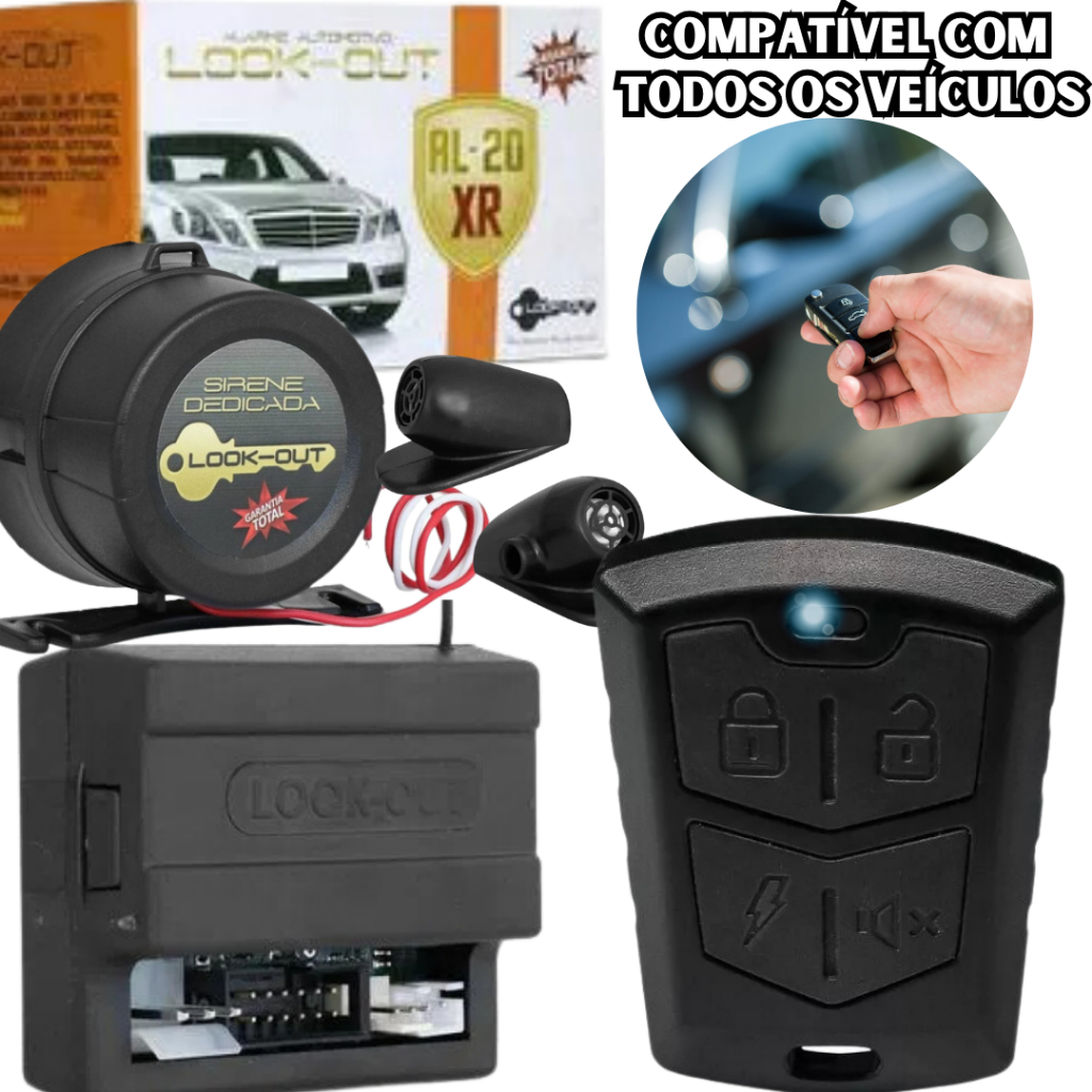 Kit Alarme Automotivo Veicular Universal Auto Trava Levanta Vidro Look Out AL20XR 1 controle
