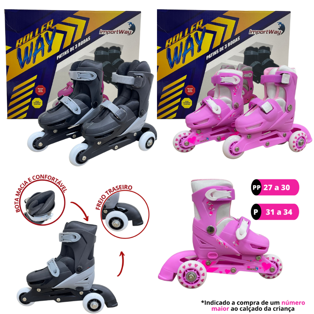 Patins Infantil Tri Line 3 Rodas Iniciante Rosa Importway 2 EM 1 Ajustável PP 27 ao 30