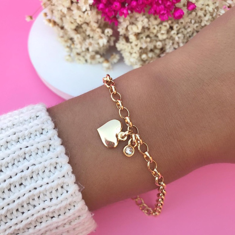 Pulseira feminina Coração e pingente ponto de luz Feminina semi joia