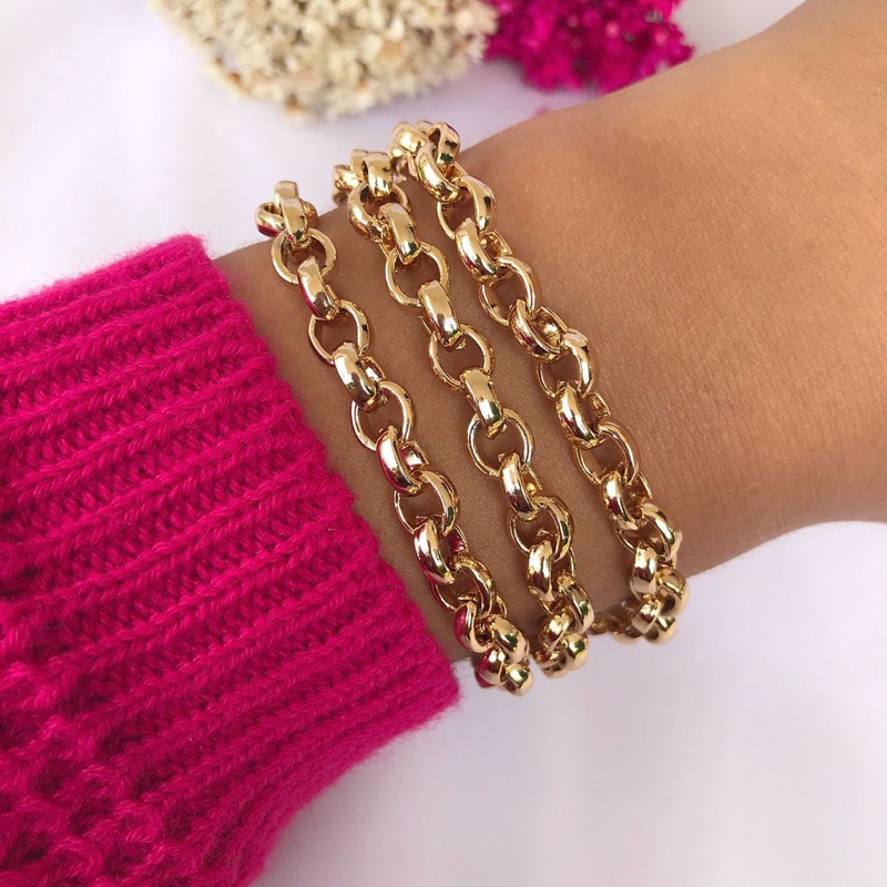 Pulseira Dourada Elo Português Grosso Semijoia Feminina Luxo