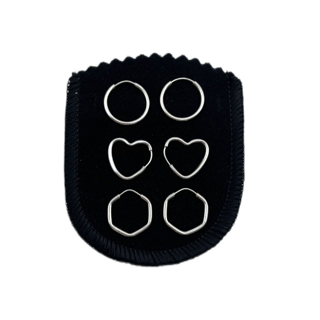 Kit Trio Brinco Argolas Prata 925 Coração Redonda Hexagono