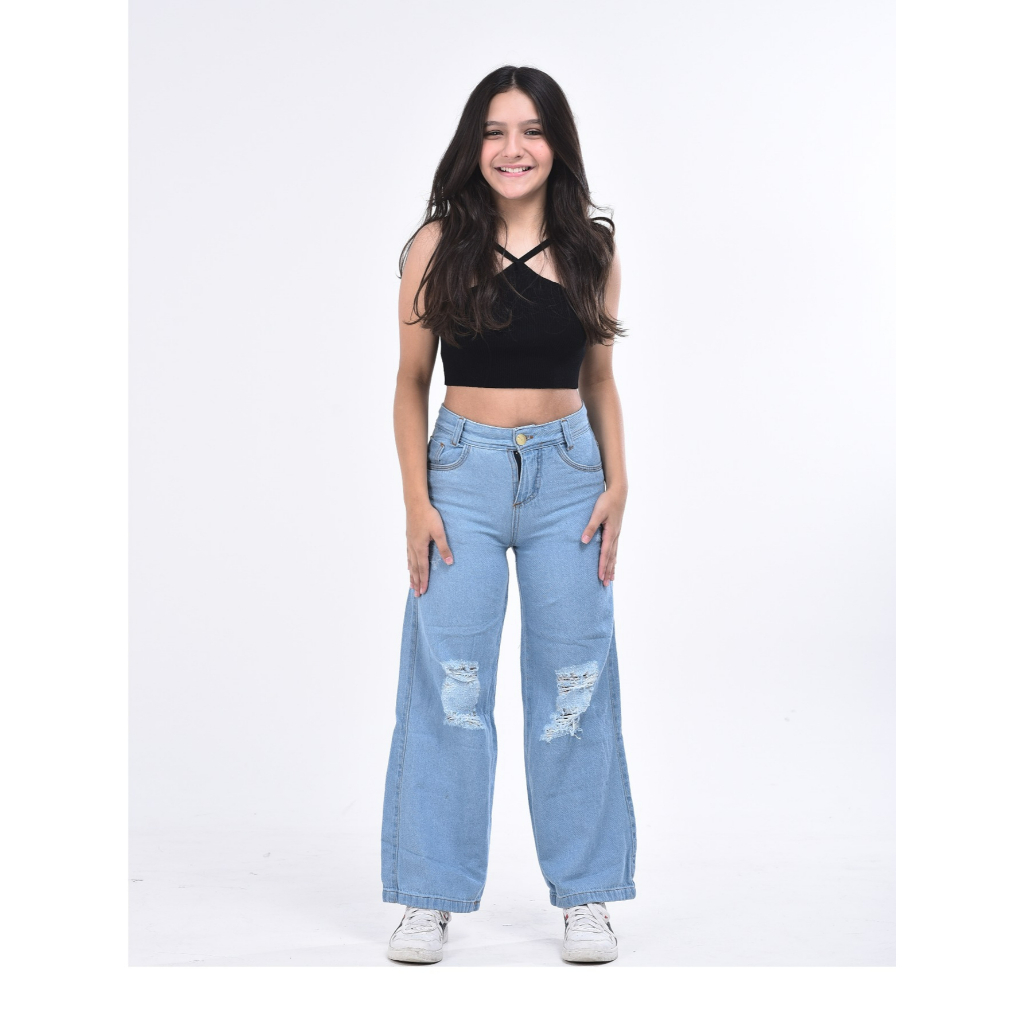 calça pantalona jeans wide leg infantil menina lançamento