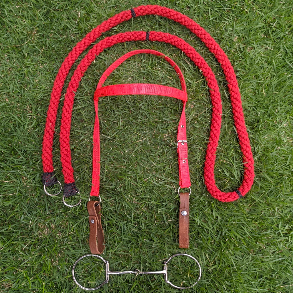 Kit Montaria em Cavalo Freio Bridão Inox + Cabeçada em Couro + Rédea de Lã torcida Traia