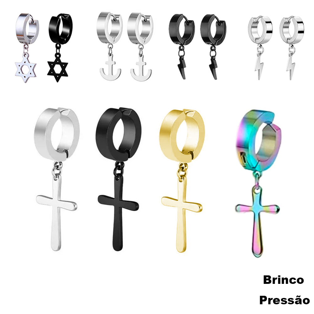Brinco Pressão cruz crucifixo Estrela Raio Argola Não Precisa Furo Prateado prata preto Aço inox