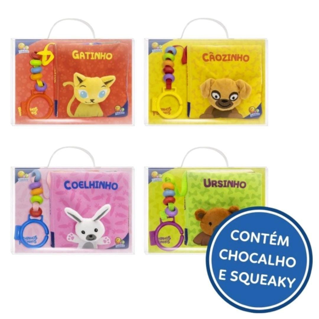 Coleção Bichinhos Fofinhos-Livro de pano sensorial alça-chocalho-4 títulos a escolher-Todolivro em Oferta na Shopee