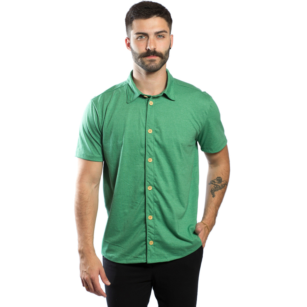 Camisa Masculina De Botão Moda Praia Verão Modelagem Slim Malha Ecológica