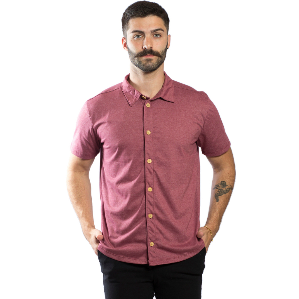 Camisa Verão Masculina Com Botão Modelagem Slim Malha Sustentavel Manga Curta