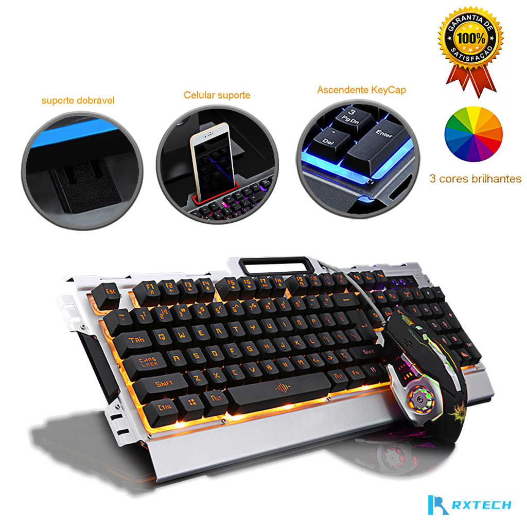 Kit Teclado E Mouse Gamer G21 c/ Fio USB - Iluminado Com LED RGB - Semi Mecânico - PC Computador Notebook XZJP133