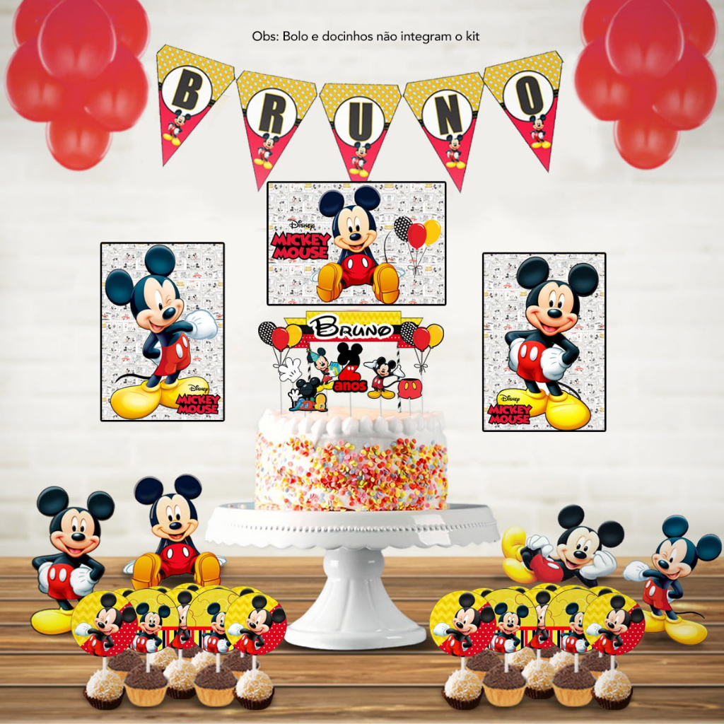 Kit festa em casa personalizado 17 itens + 1 topo de bolo + bandeirolas Mickey