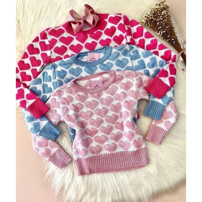 Blusa Suéter Coração Moda Infantil Menina Inverno
