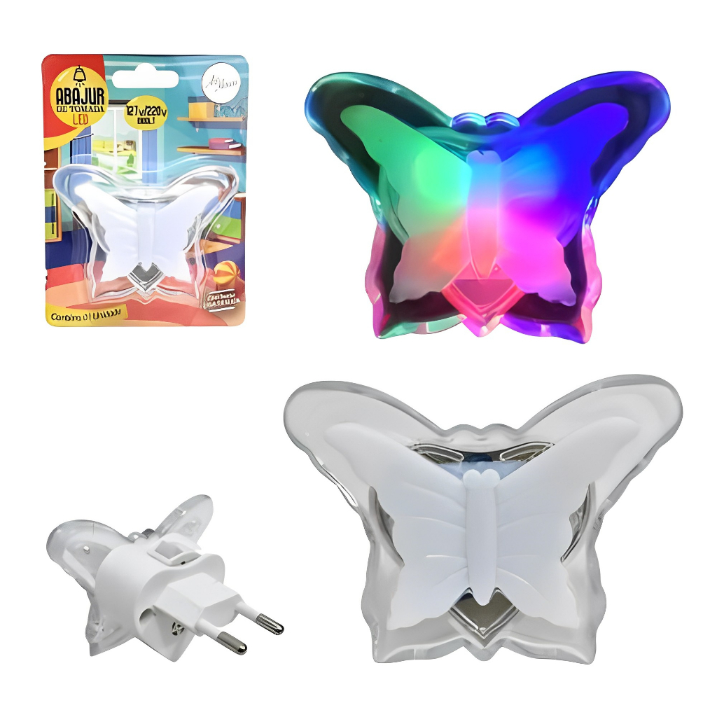 Luminária Noturna Led Abajur Tomada Led Colorido Bivolt Infantil Quarto Borboleta/Lua Estrela/Coração
