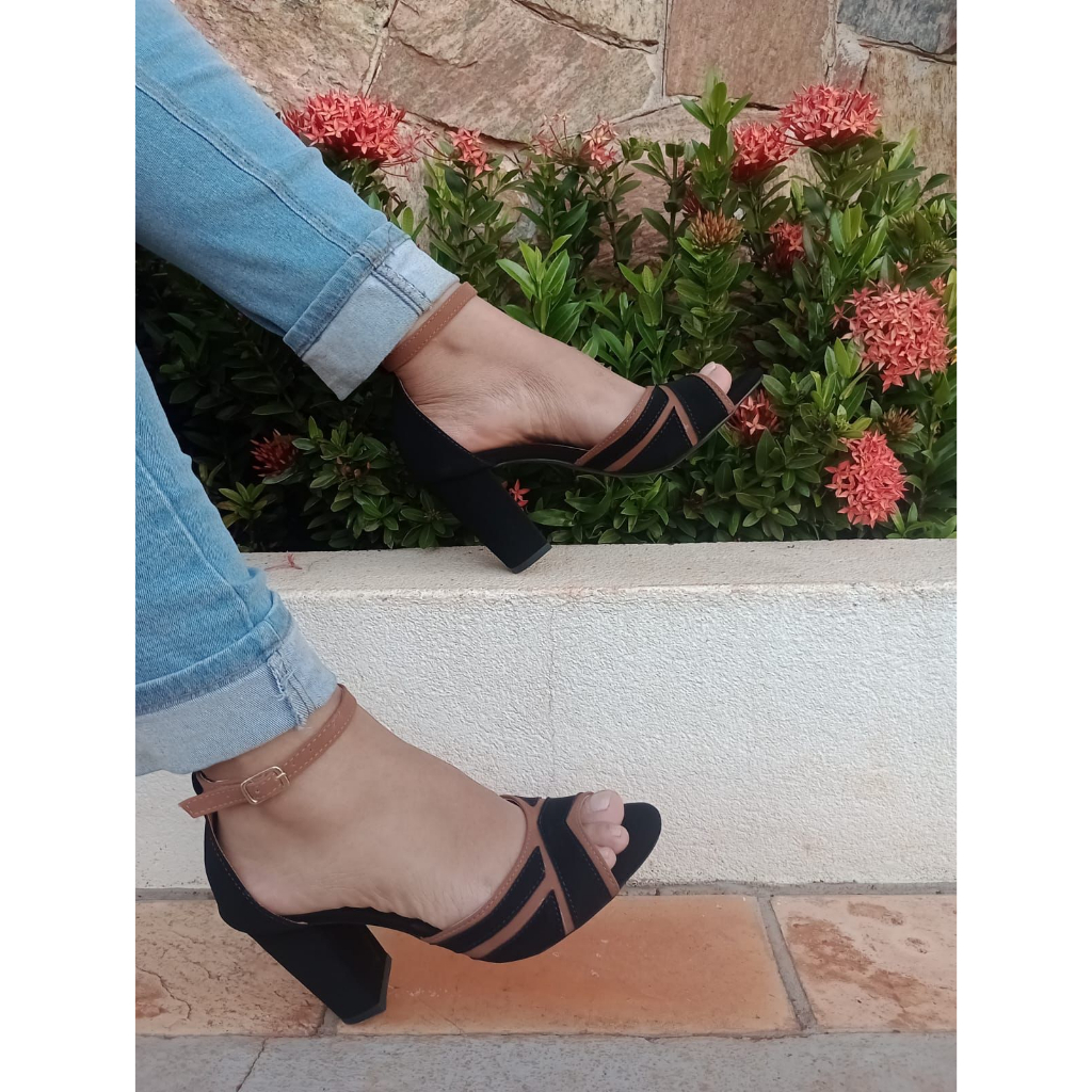 Calçados Feminino Bella Moça Sandália Nobuck Preto com Marrom Bloco